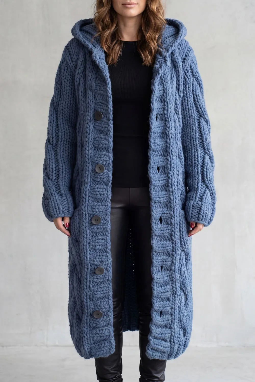 Brennale | Women's Chunky Knit Long Hooded Cardigan - Blue - Image 1