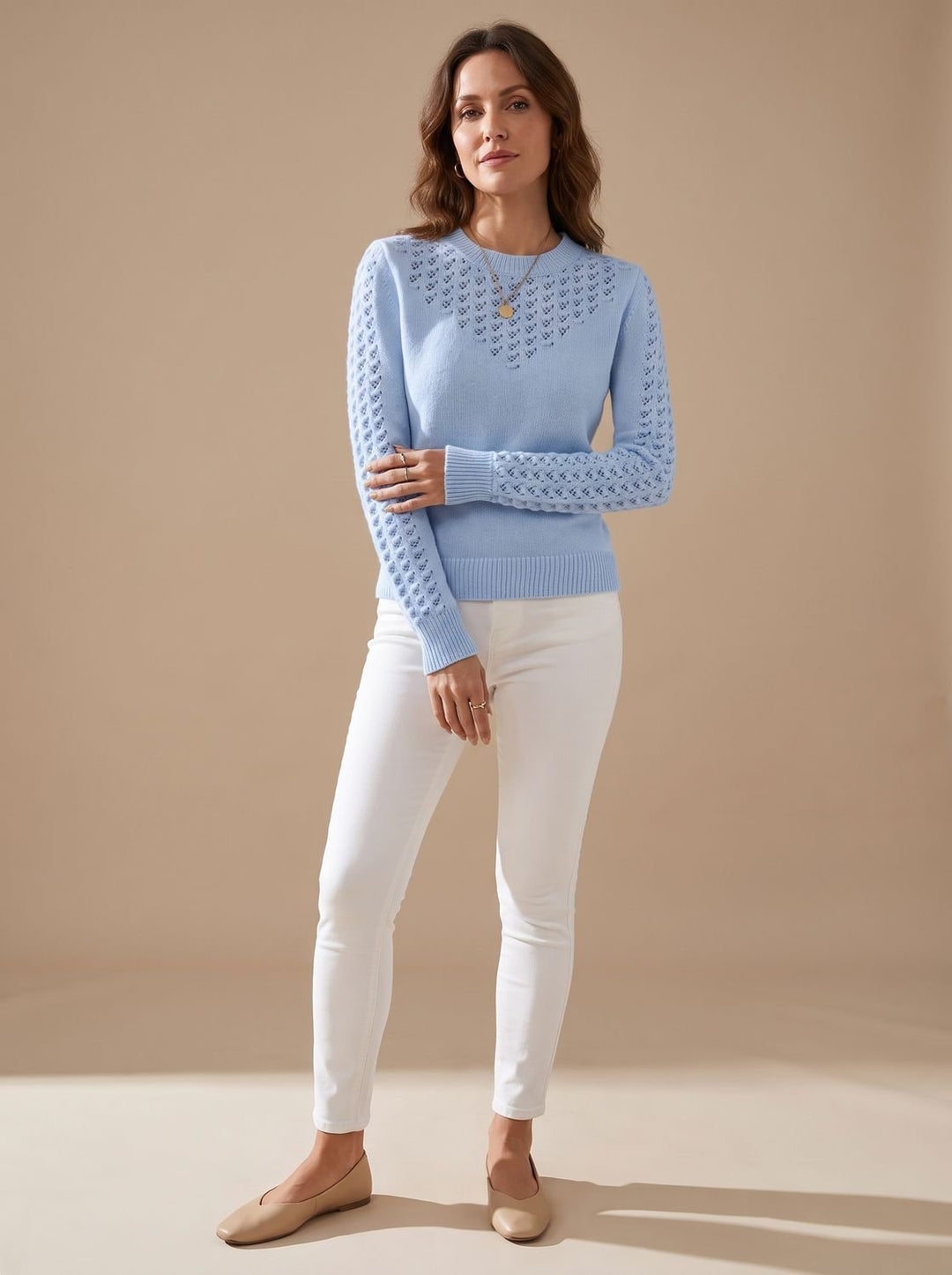 Brielle | Women's Pointelle Knit Sweater Crew Neck - Light Blue - Image 1