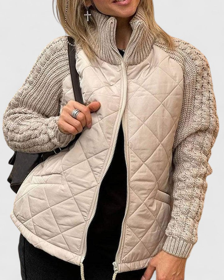 Celvaine | Women's Quilted Puffer Jacket Cable Knit - Beige - Image 1