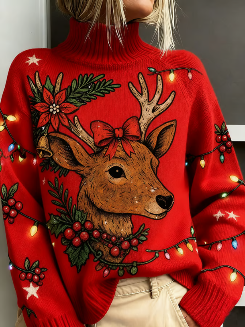Celvorna | Women's Christmas Sweater Turtleneck - Red - Image 1