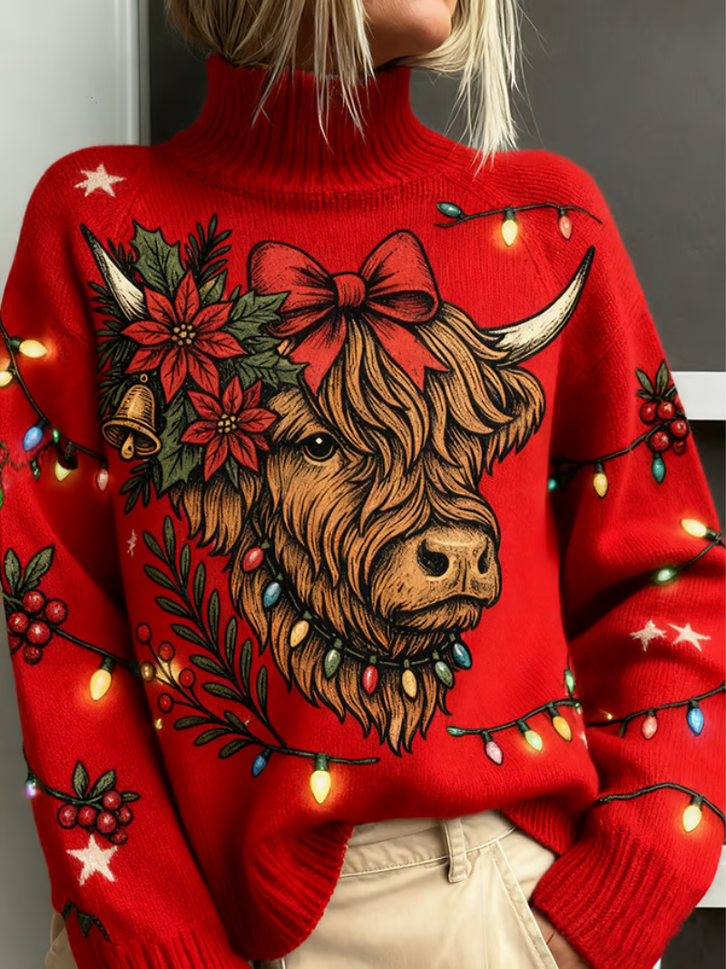 Clovina | Women's Christmas Sweater Highland Cow - Red - Image 1