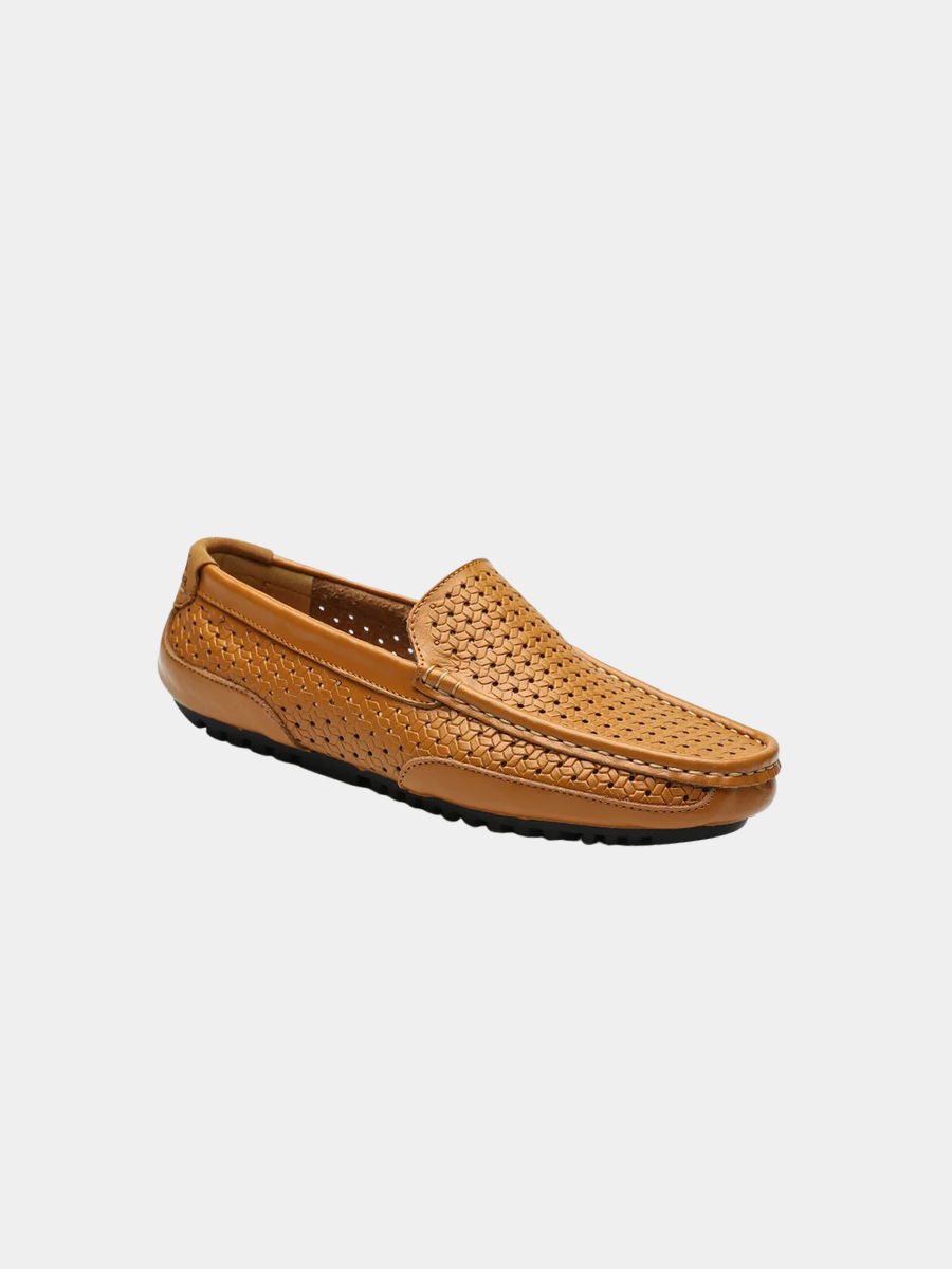Corveth | Men's Woven Leather Slip-On Loafers - Camel - Image 1