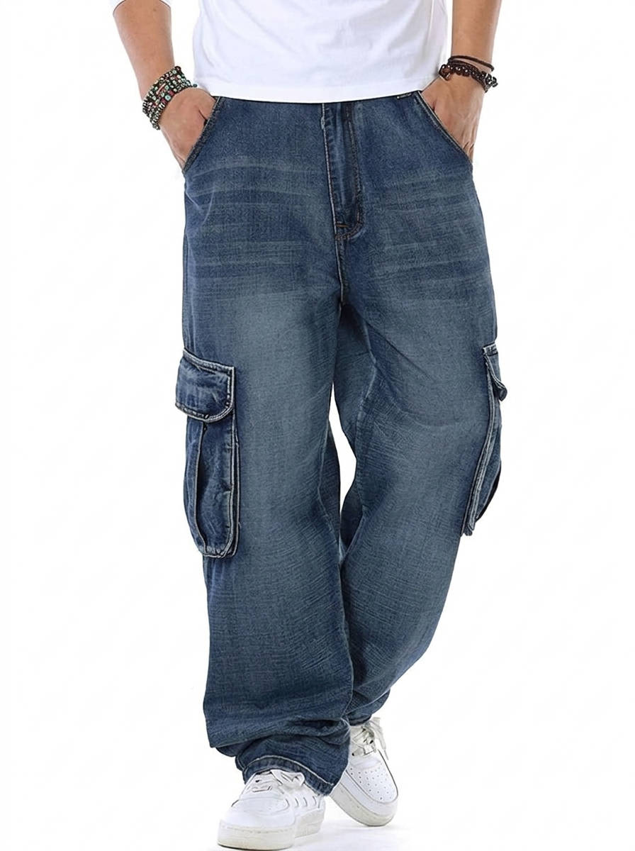 Daxford | Men's Baggy Cargo Jeans Wide Leg Denim - Blue - Image 1