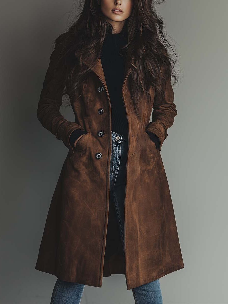 Delvora | Women's Suede Trench Coat - Brown - Image 1