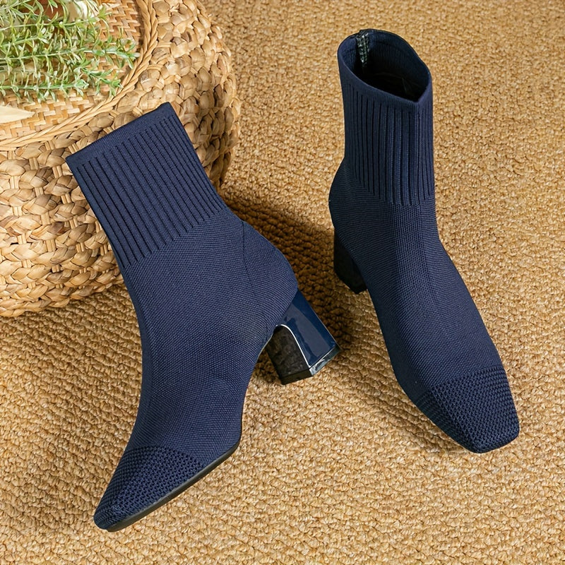 Delvorne | Women's Knit Ankle Boots with Block Heel - Navy - Image 1