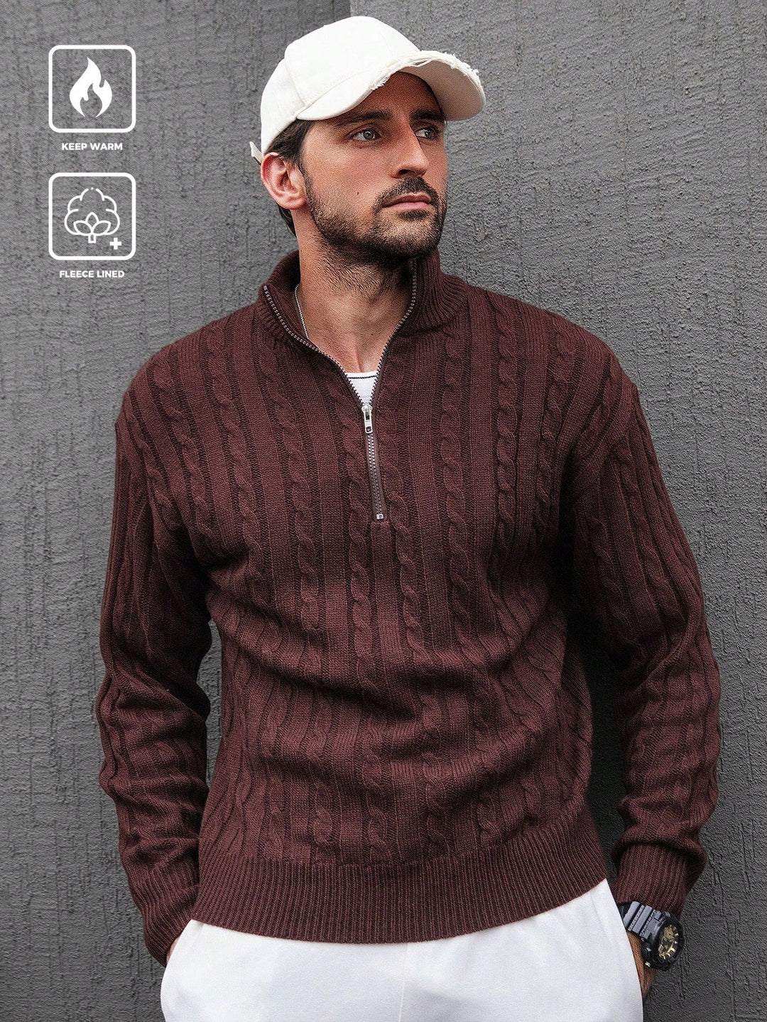 Draven | Men's Cable Knit Quarter-Zip Sweater - Dark Brown - Image 1