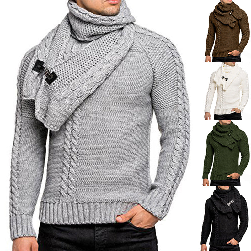 Draveth | Men's Cable Knit Sweater with Attached Scarf - Light Grey - Image 1
