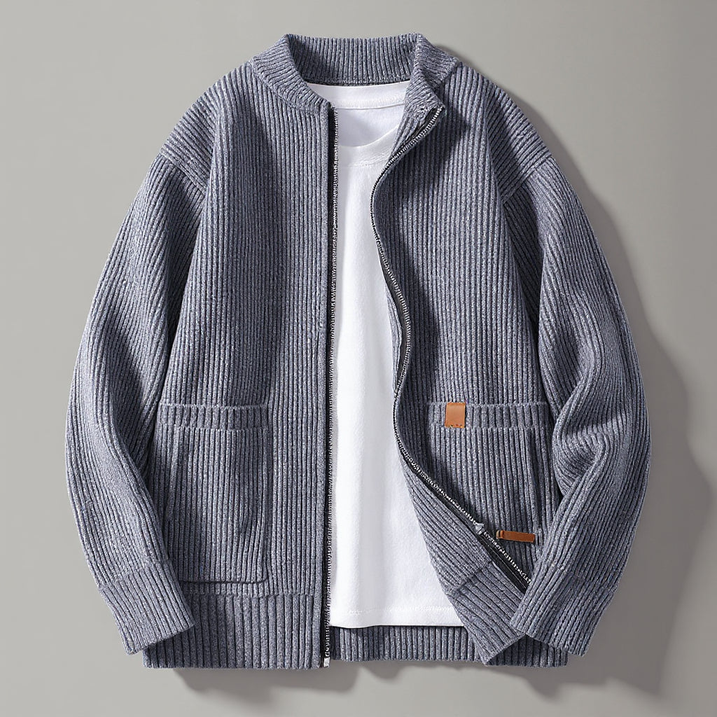 Fenwick | Men's Zip-Up Ribbed Cardigan Sweater - Grey - Image 1