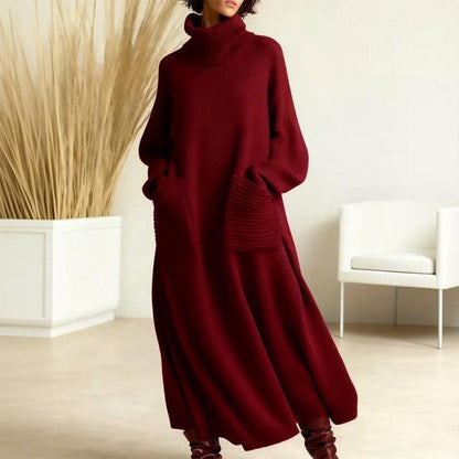 Halvara | Women's Turtleneck Sweater Midi Dress - Burgundy - Image 1