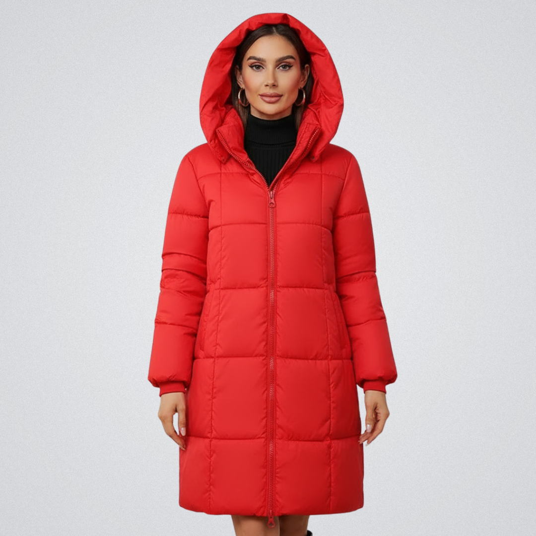 Halveth | Women's Long Hooded Puffer Winter Coat - Red - Image 1