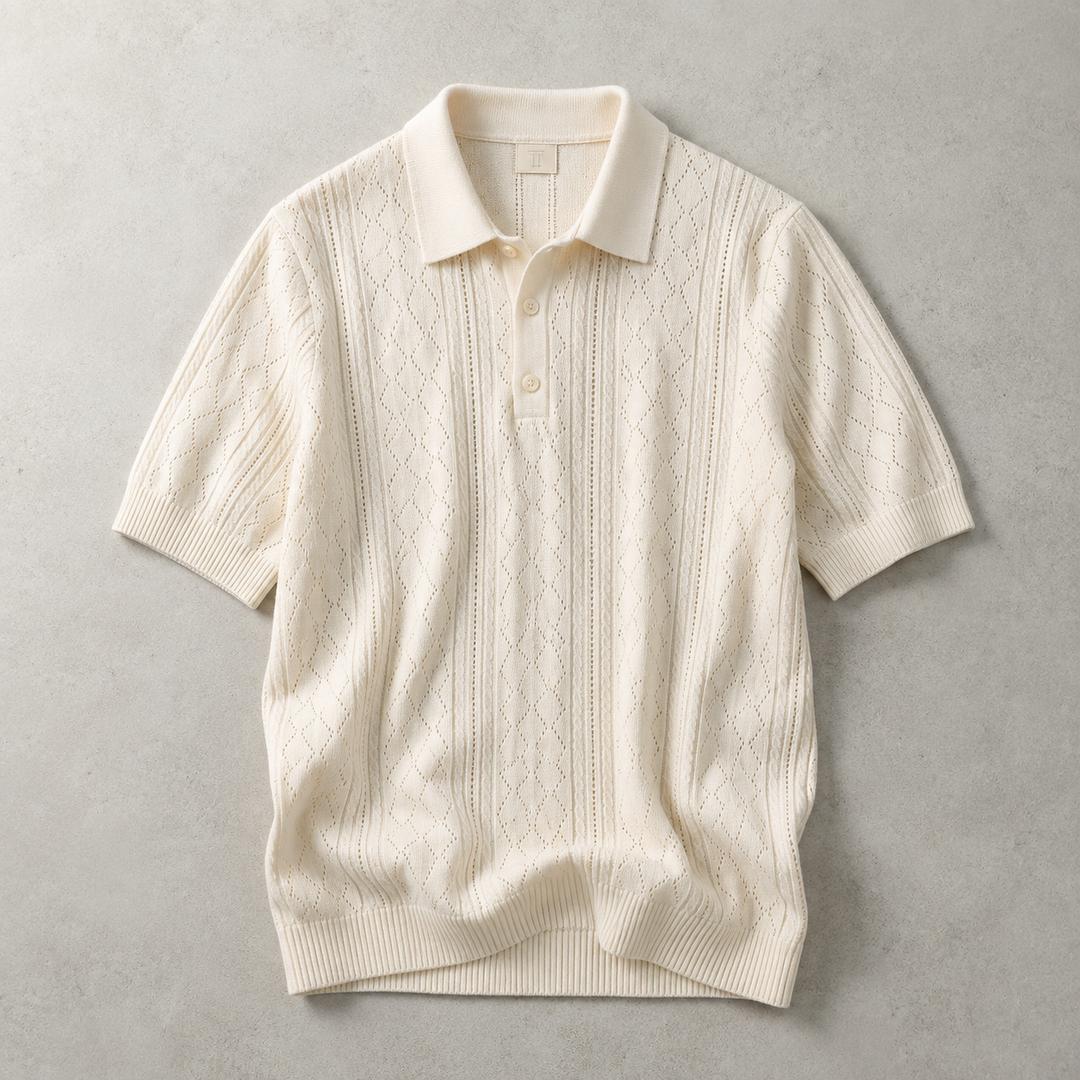 Halvorn | Men's Knit Polo Sweater Diamond Pattern - Cream - Image 1