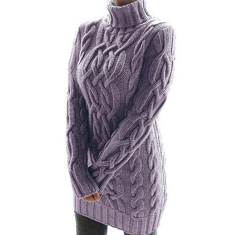 Orvaine | Women's Cable Knit Turtleneck Sweater Dress - Lilac - Image 1