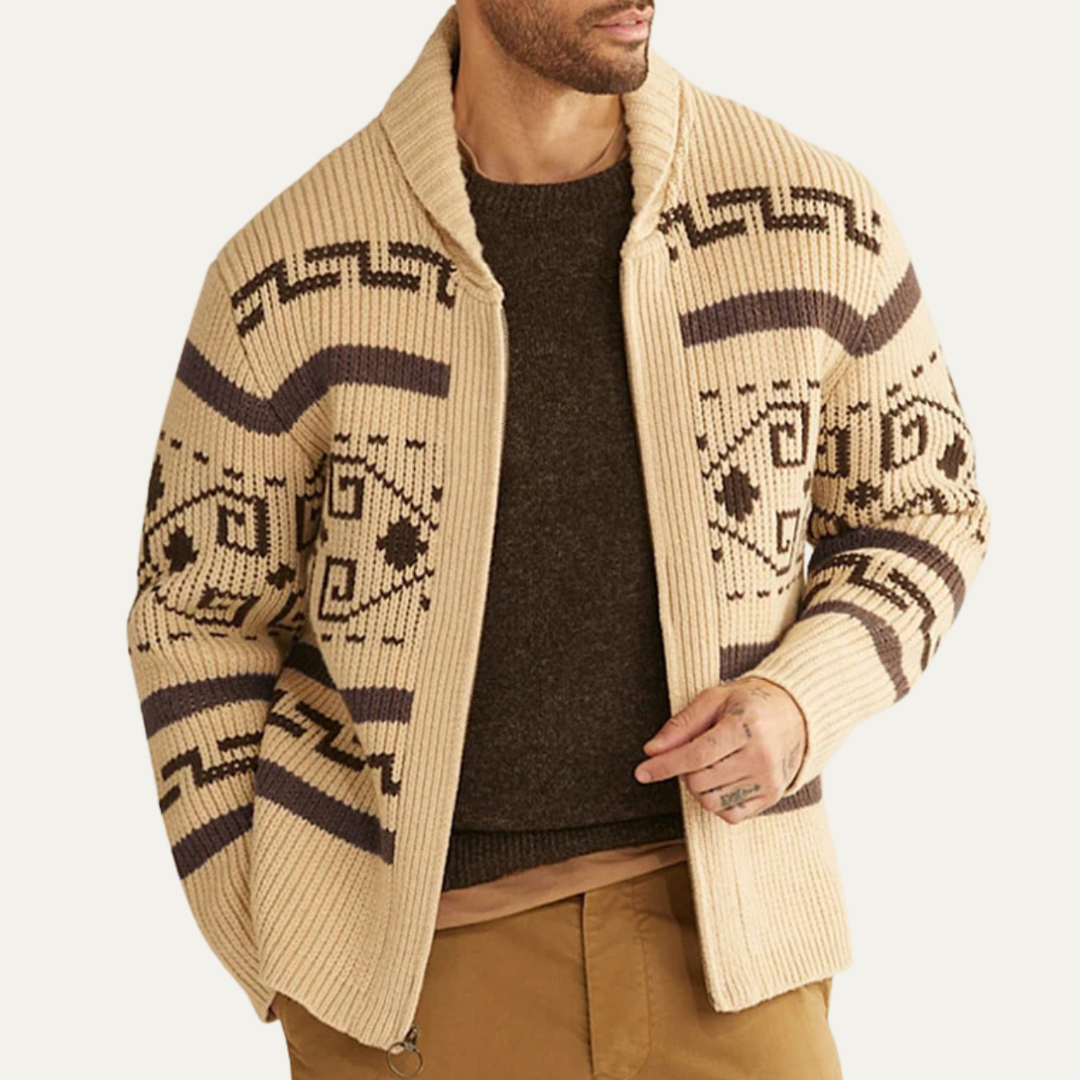 Orvando | Men's Zip-Up Patterned Cardigan Sweater - Cream - Image 1