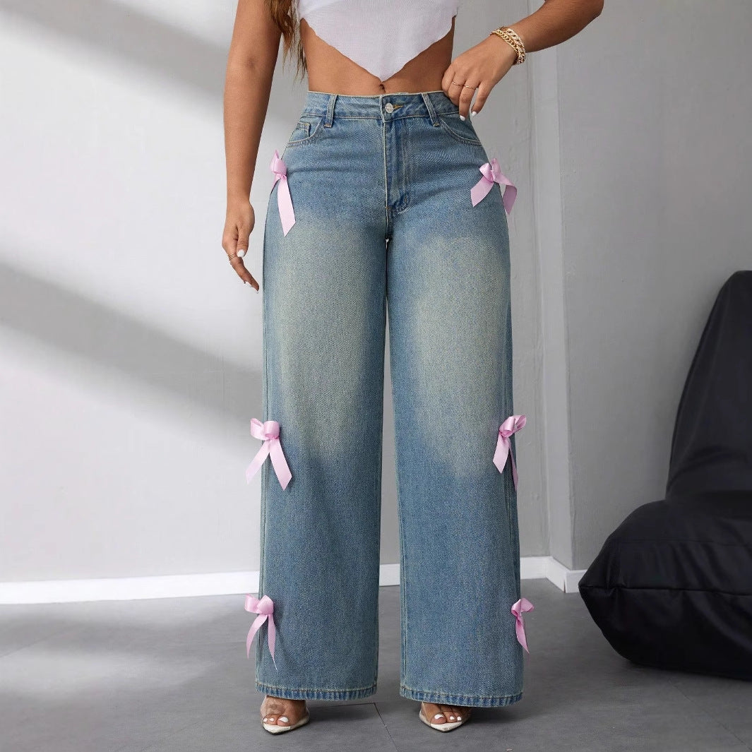 Pennalie | Women's Baggy Jeans Wide Leg Bow Detail - Light Blue - Image 1
