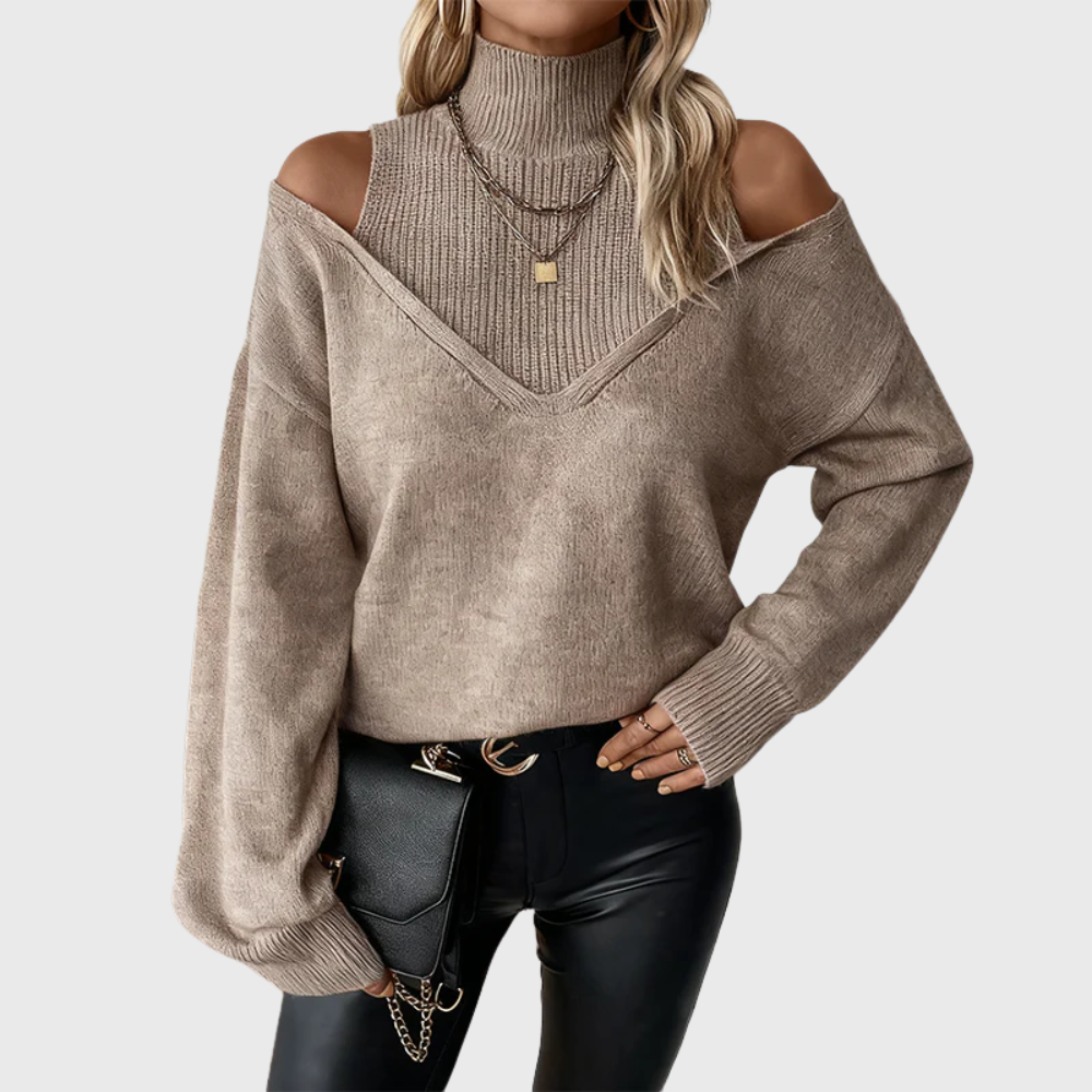 Selvorne | Women's Turtleneck Cold Shoulder Sweater - Taupe - Image 1