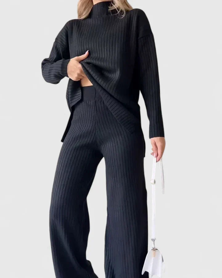 Solveth | Women's Ribbed Knit Sweater Two-Piece Set - Black - Image 1
