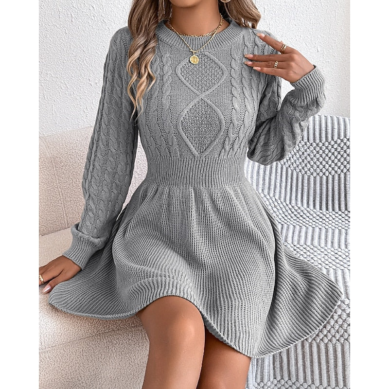 Thelvaine | Women's Cable Knit Sweater Dress Mini - Grey - Image 1