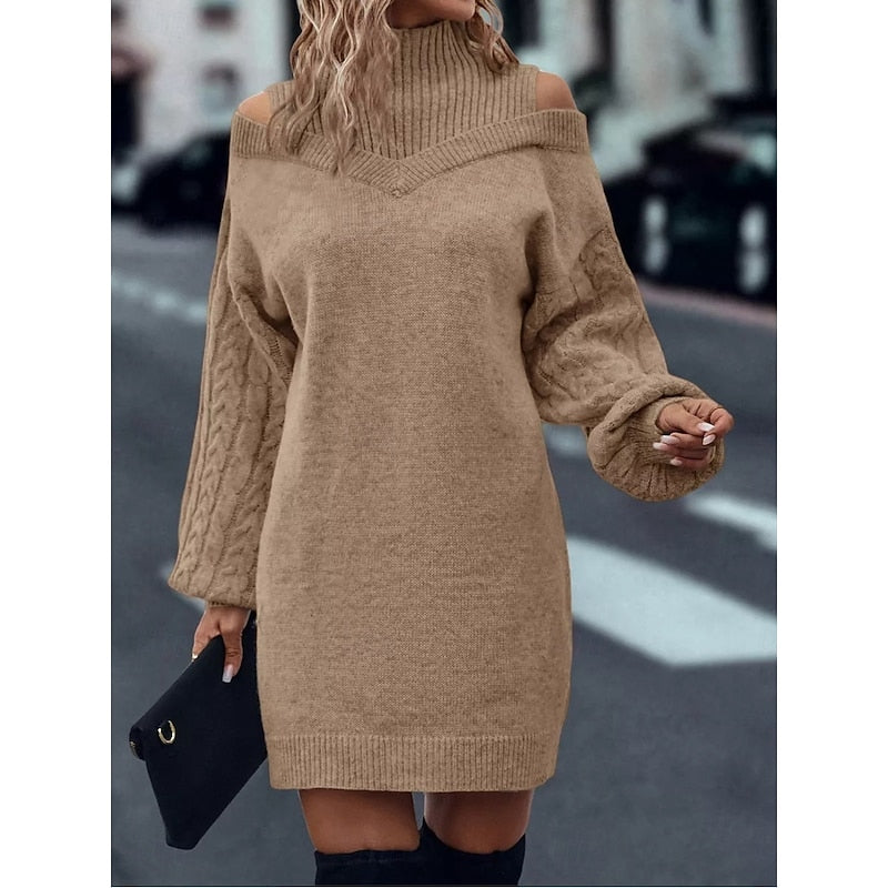 Veldwyn | Women's Cold Shoulder Sweater Dress - Camel - Image 1
