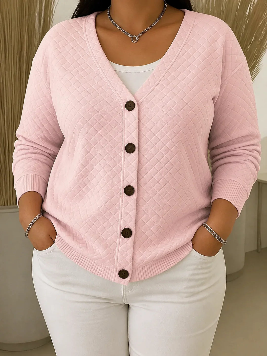 Vernelle | Women's Quilted Button-Front Cardigan - Pink - Image 1
