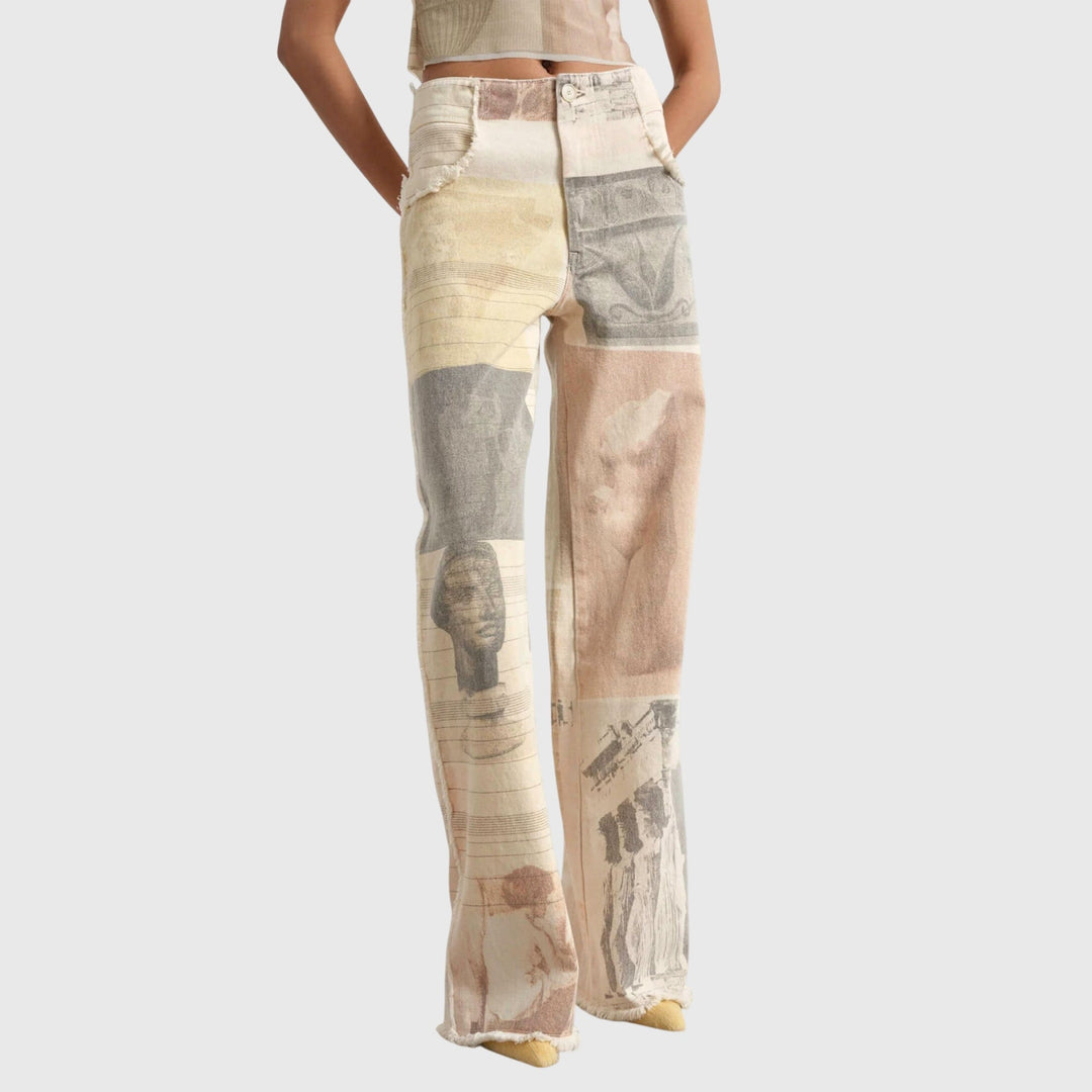 Vossara | Women's Baggy Wide Leg Jeans Collage Print - Image 1