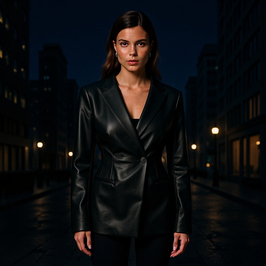 Vossendra | Women's Faux Leather Blazer - Black - Image 1