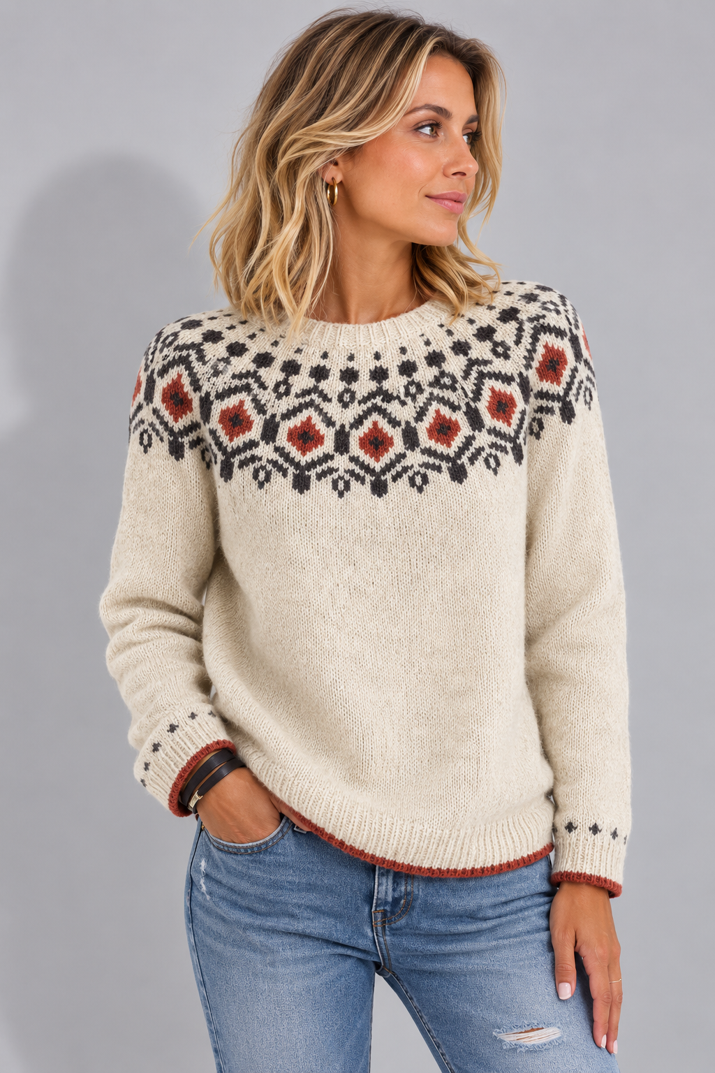 Wrenova | Women's Christmas Fair Isle Pullover Sweater - Cream - Image 1