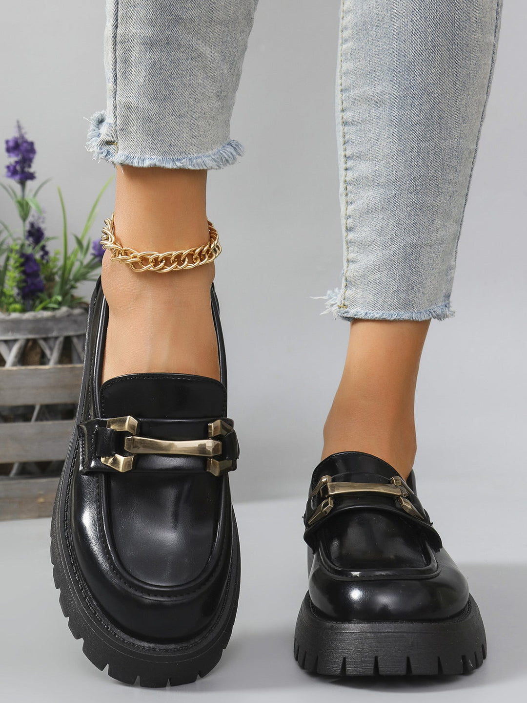 Wrenova | Women's Chunky Platform Loafers Metal Detail - Black - Image 1