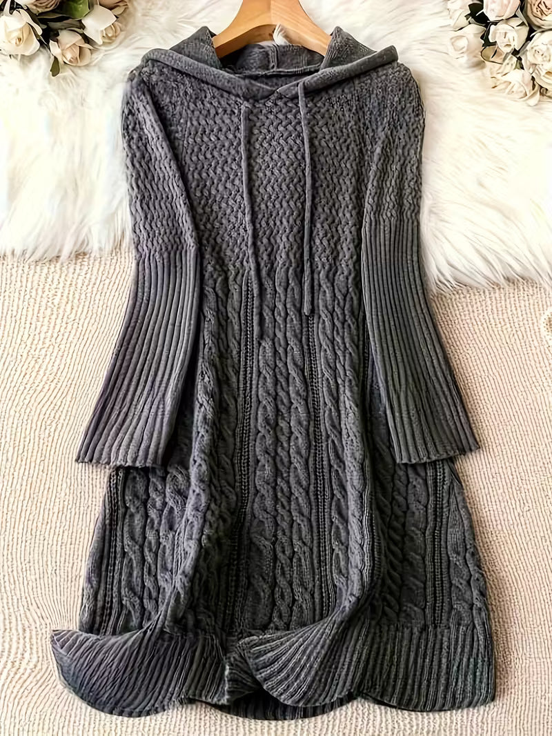 Wrenova | Women's Hooded Cable Knit Sweater Dress - Grey - Image 1