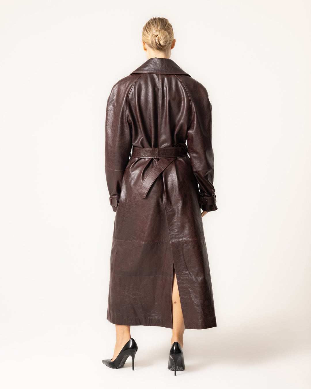 Wrenova | Women's Leather Trench Coat Belted - Dark Brown - Image 1
