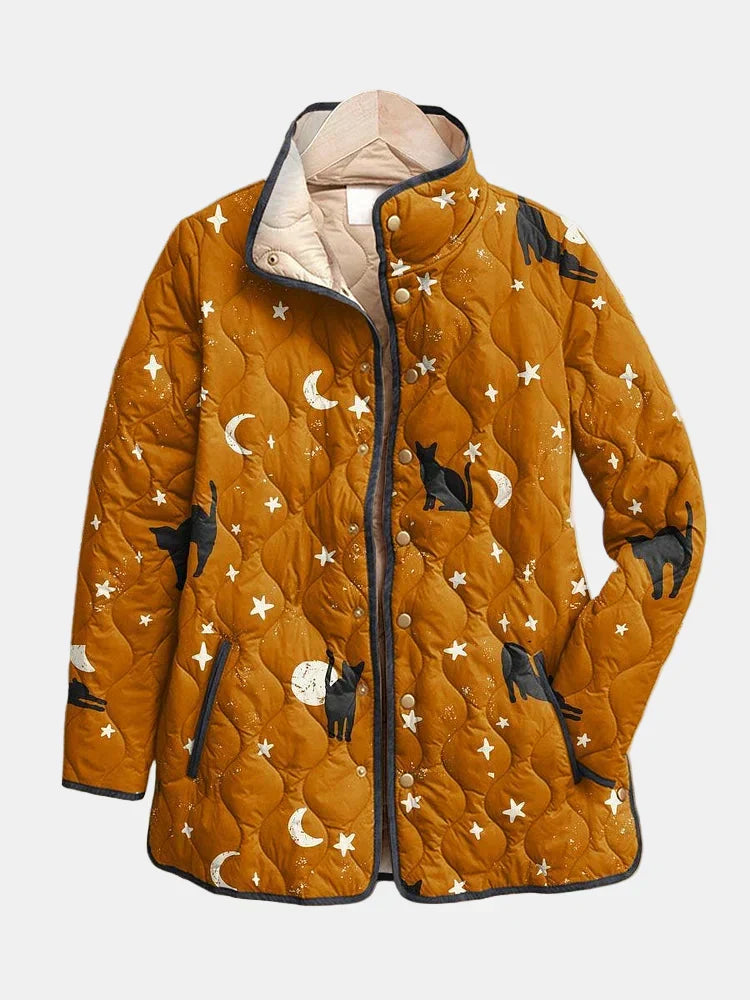 Wrenova | Women's Quilted Puffer Jacket Cat Print - Orange - Image 1
