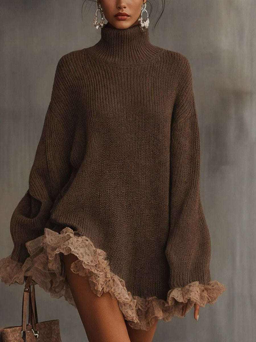 Wrenova | Women's Turtleneck Sweater Dress Lace Hem - Brown - Image 1