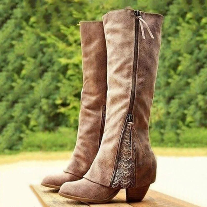 Wyndella | Women's Knee-High Block Heel Boots - Taupe - Image 1